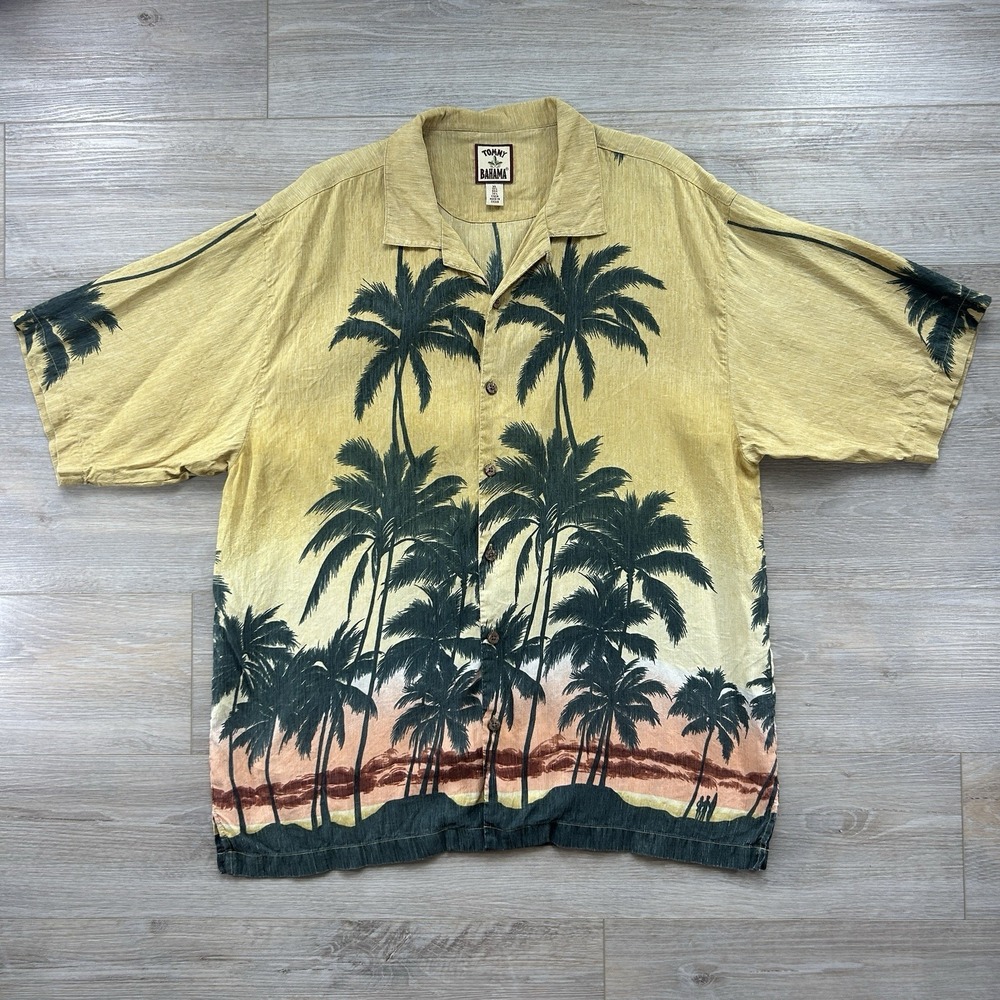 Tommy Bahama Mens XL Silk Linen Blend Loop Collar Sunset Palm Trees